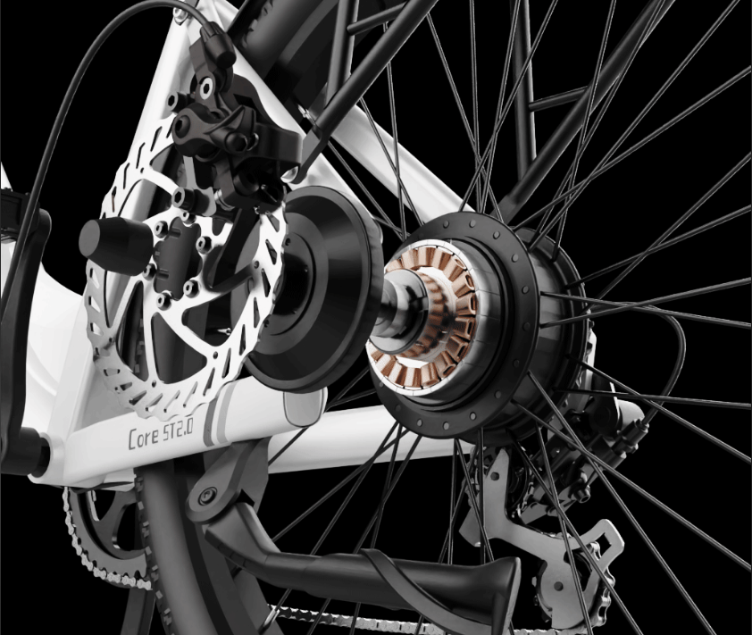 `A close-up, black and white shot of an e-bike's rear hub motor and disc brake.`