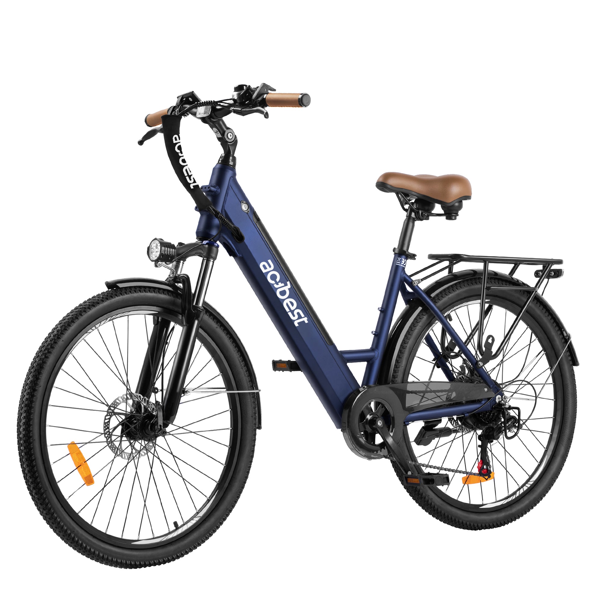 Navy blue Core City Commuter Electric Bike with brown seat and rear rack.