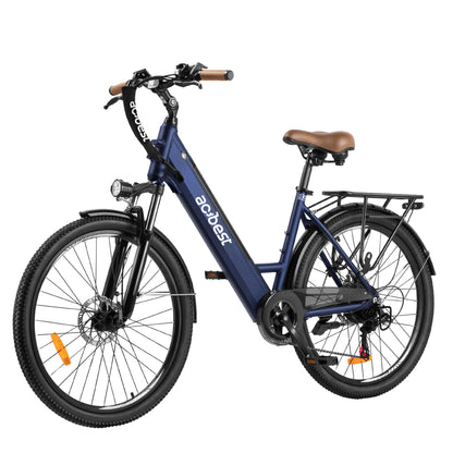 Navy blue Core City Commuter Electric Bike with brown seat and rear rack.