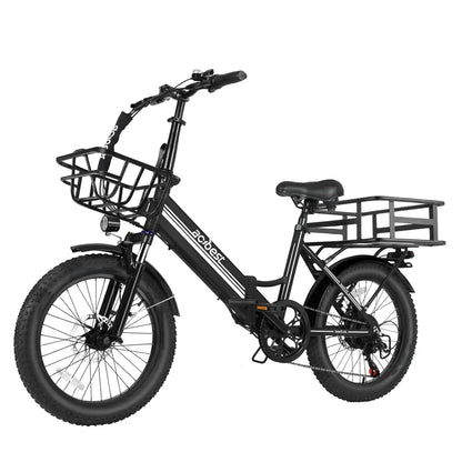 Black folding electric bike with front and rear baskets and 3-inch fat tires.