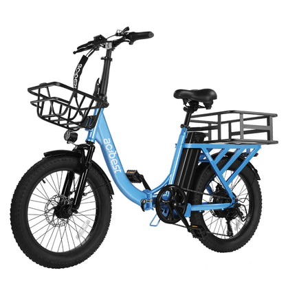Blue Mars Folding Electric Bike with front basket and rear rack for versatile rides.