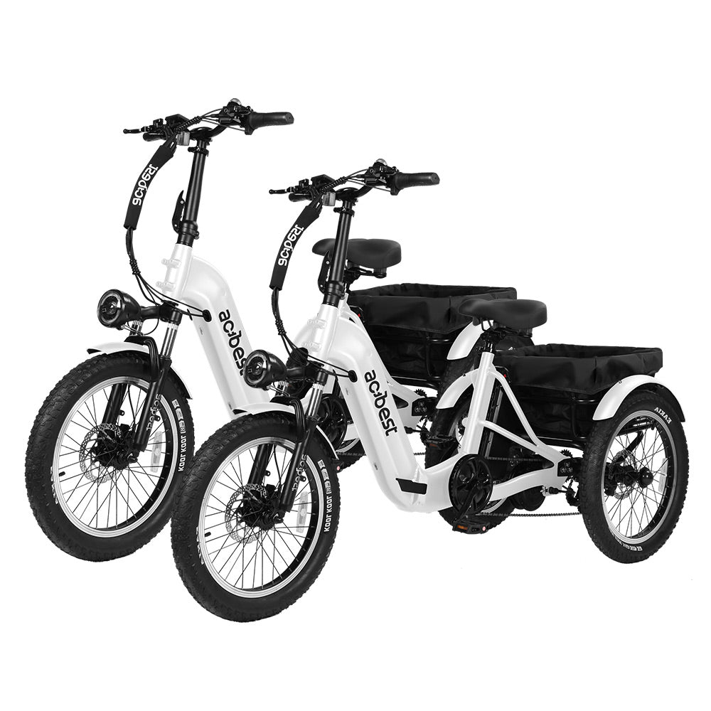 Actbest white triker electric bikes with folding frames and storage baskets.