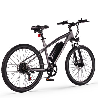 Gray electric mountain bike with powerful motor and removable battery.