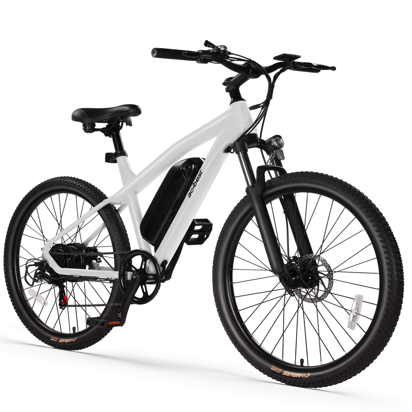 Sleek white Actbest electric mountain bike with removable battery and sturdy tires.