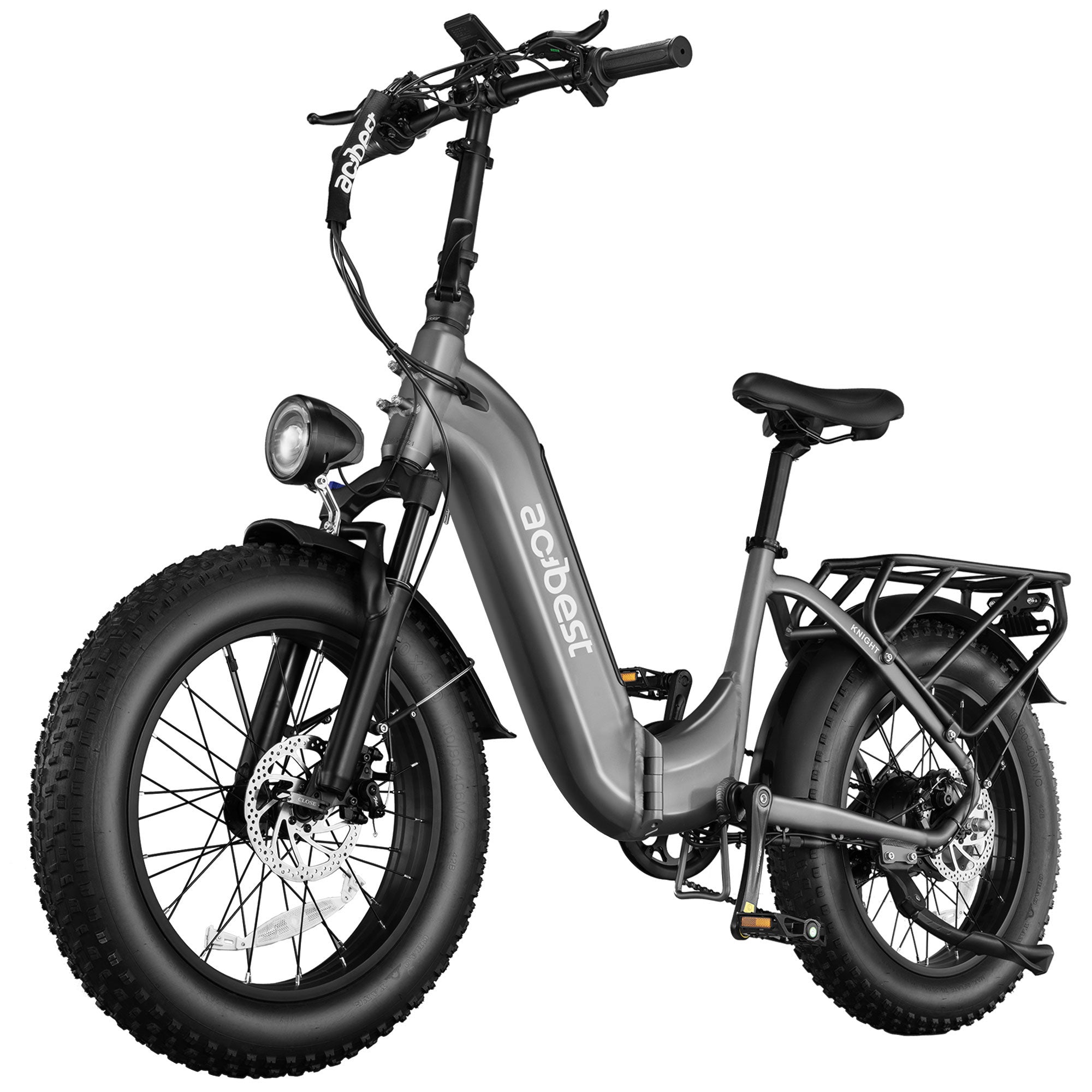 Gray Knight Cargo Step Through Electric Bike with thick tires and rear cargo rack
