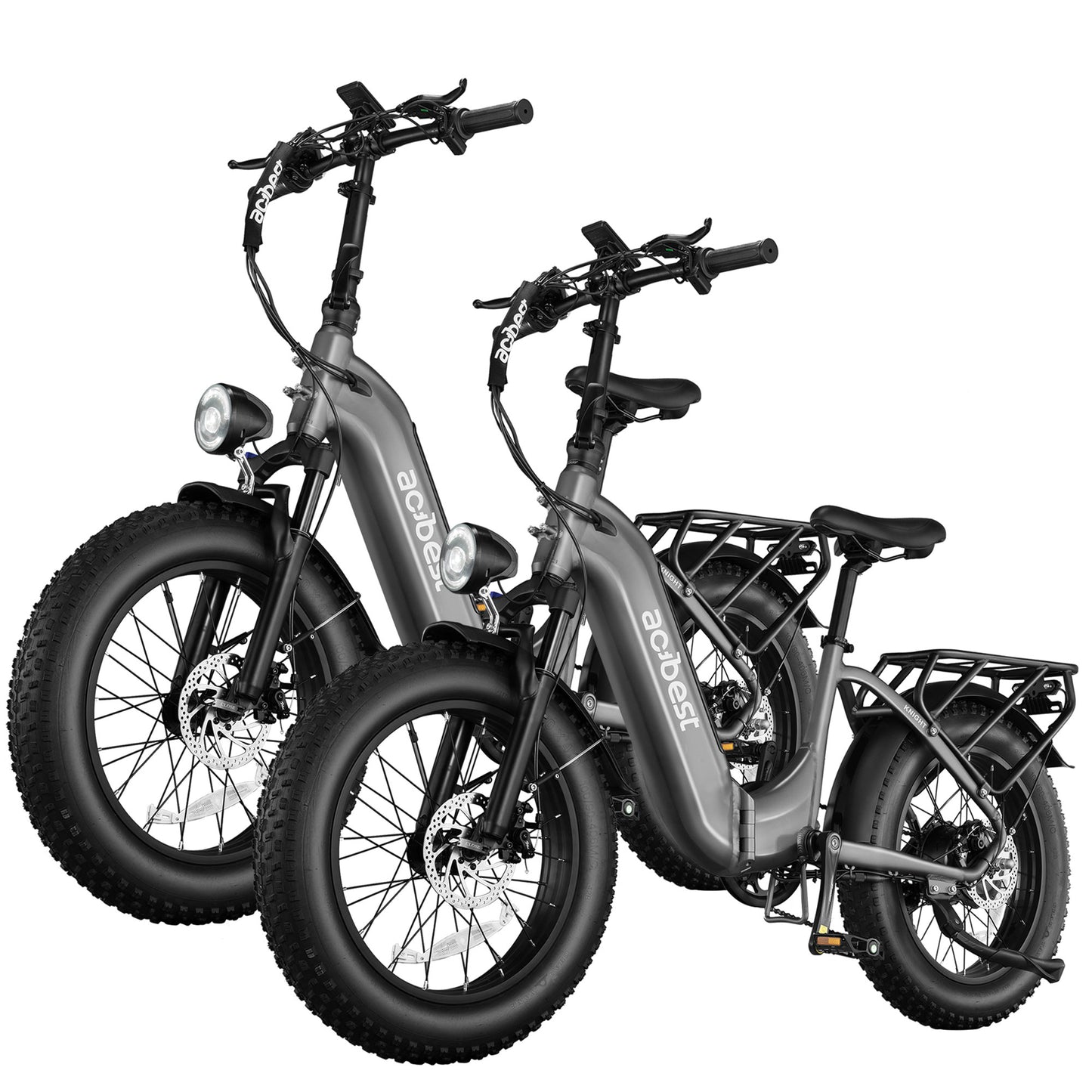 Two Actbest fat tire electric bikes with cargo racks and strong gray frames