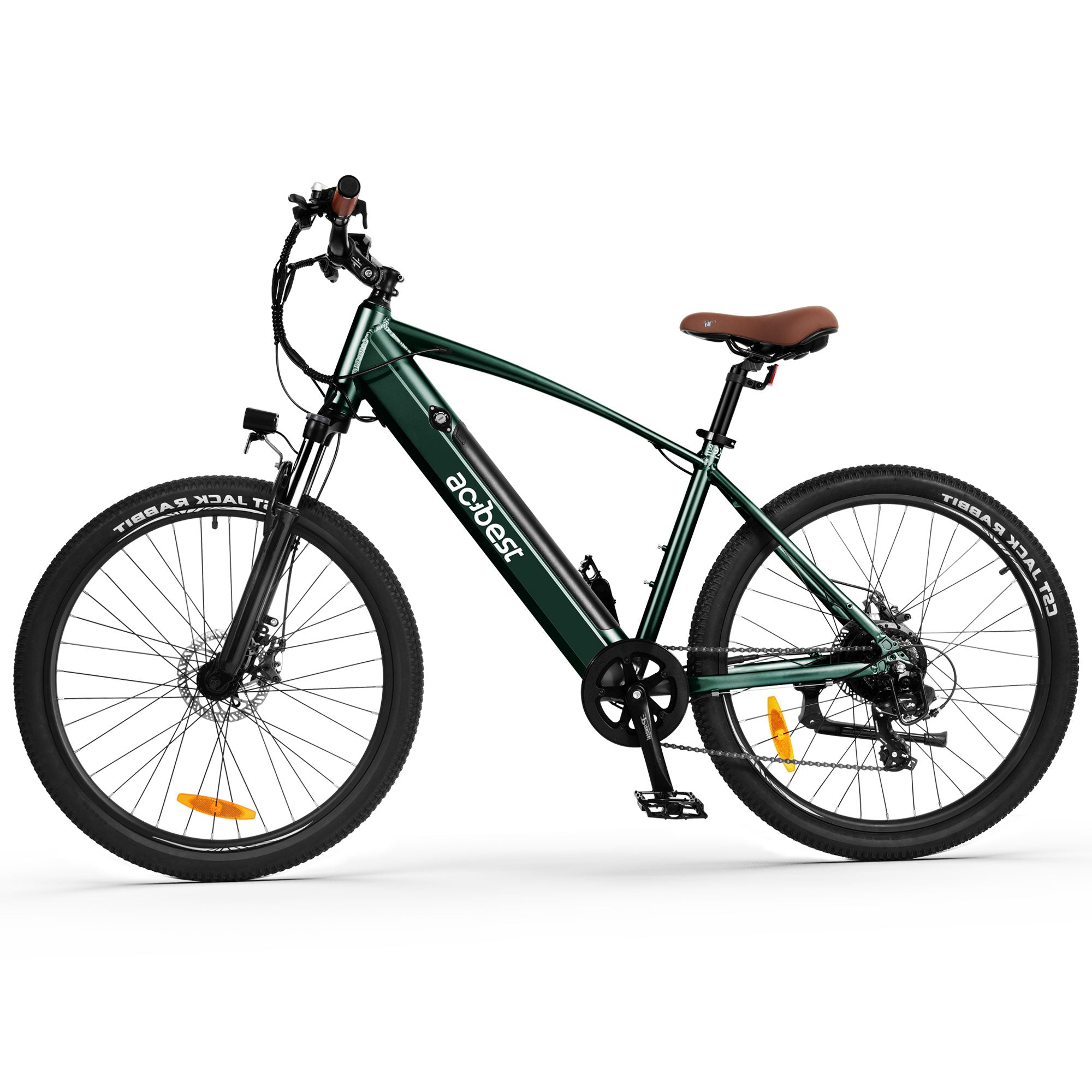 Dark green Core Mountain Electric Bike with brown seat and all-terrain tires.