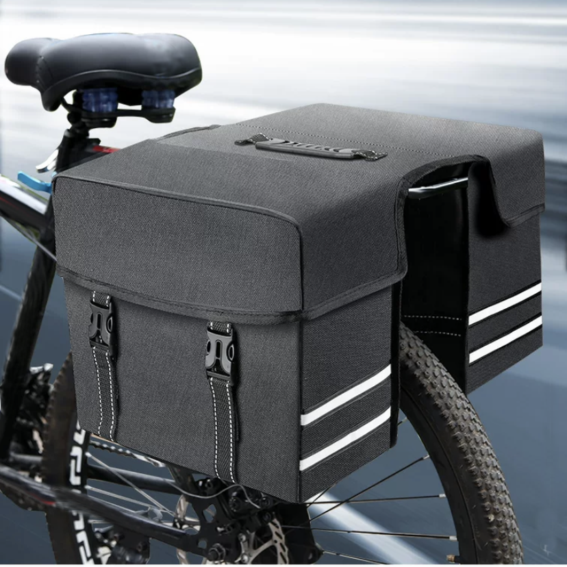 Stylish black bike rack pannier bag with reflective strips for urban cycling