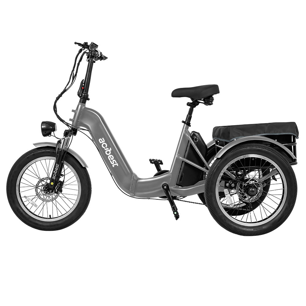 Gray Actbest Triker Folding 3-Wheel Electric Bike with spacious seat and battery.