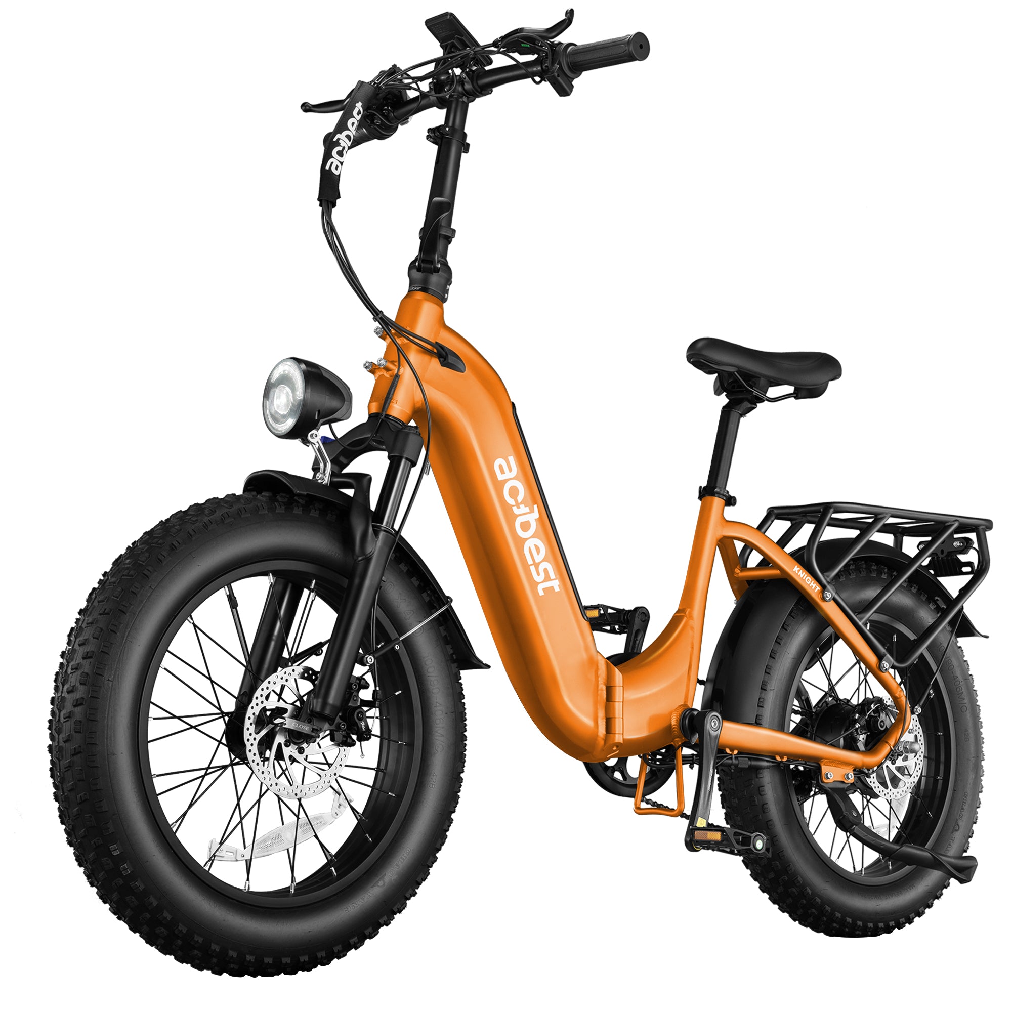 Orange Knight Cargo Step Through Electric Bike with fat tires and front light