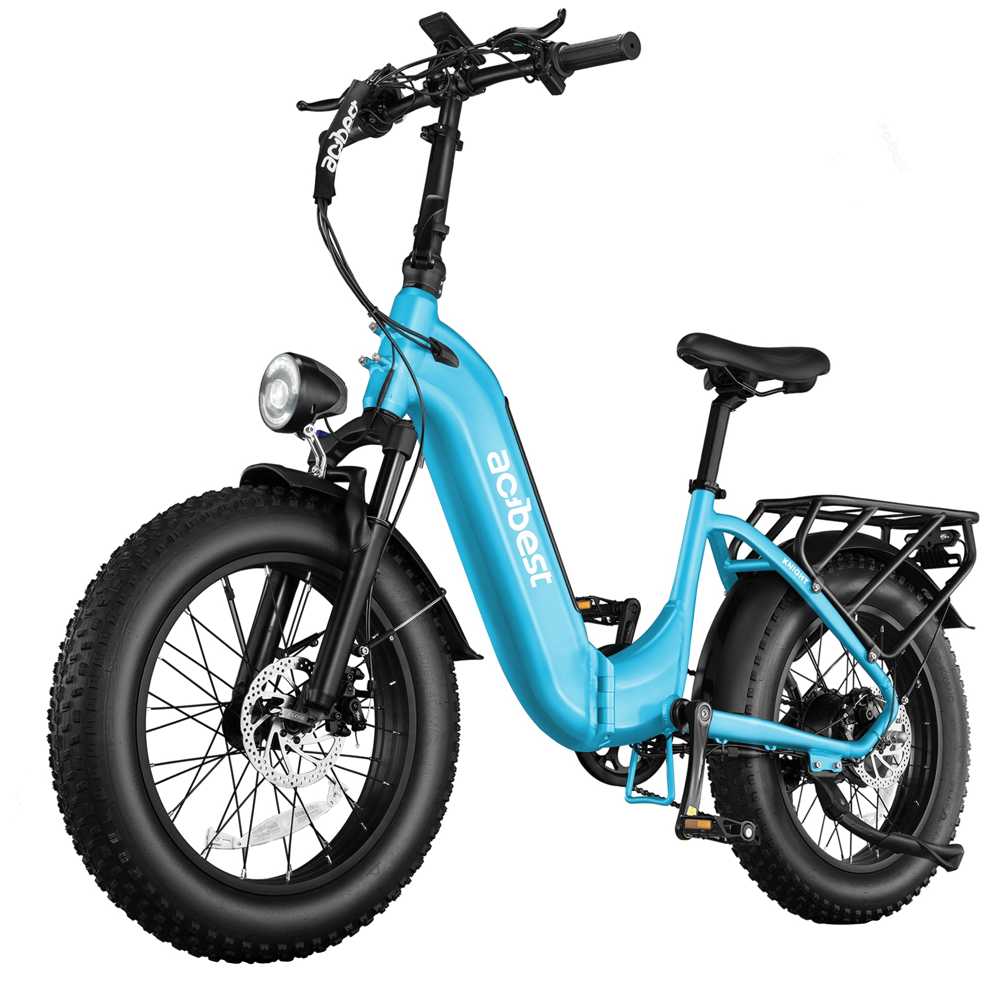 Blue Knight Cargo Electric Bike with fat tires and bright front light