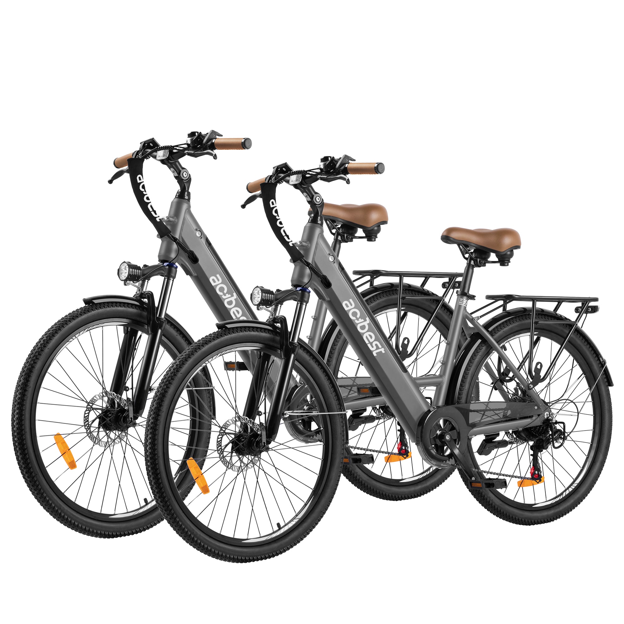 Dual Actbest electric bikes with brown seats designed for urban commuting.