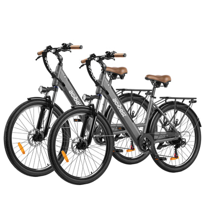 Dual Actbest electric bikes with brown seats designed for urban commuting.