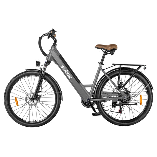 Core City Commuter Electric Bike in gray with brown saddle and rear rack.