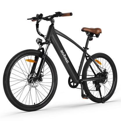 Sleek black Core Mountain Electric Bike for Adults with brown seat and durable tires.