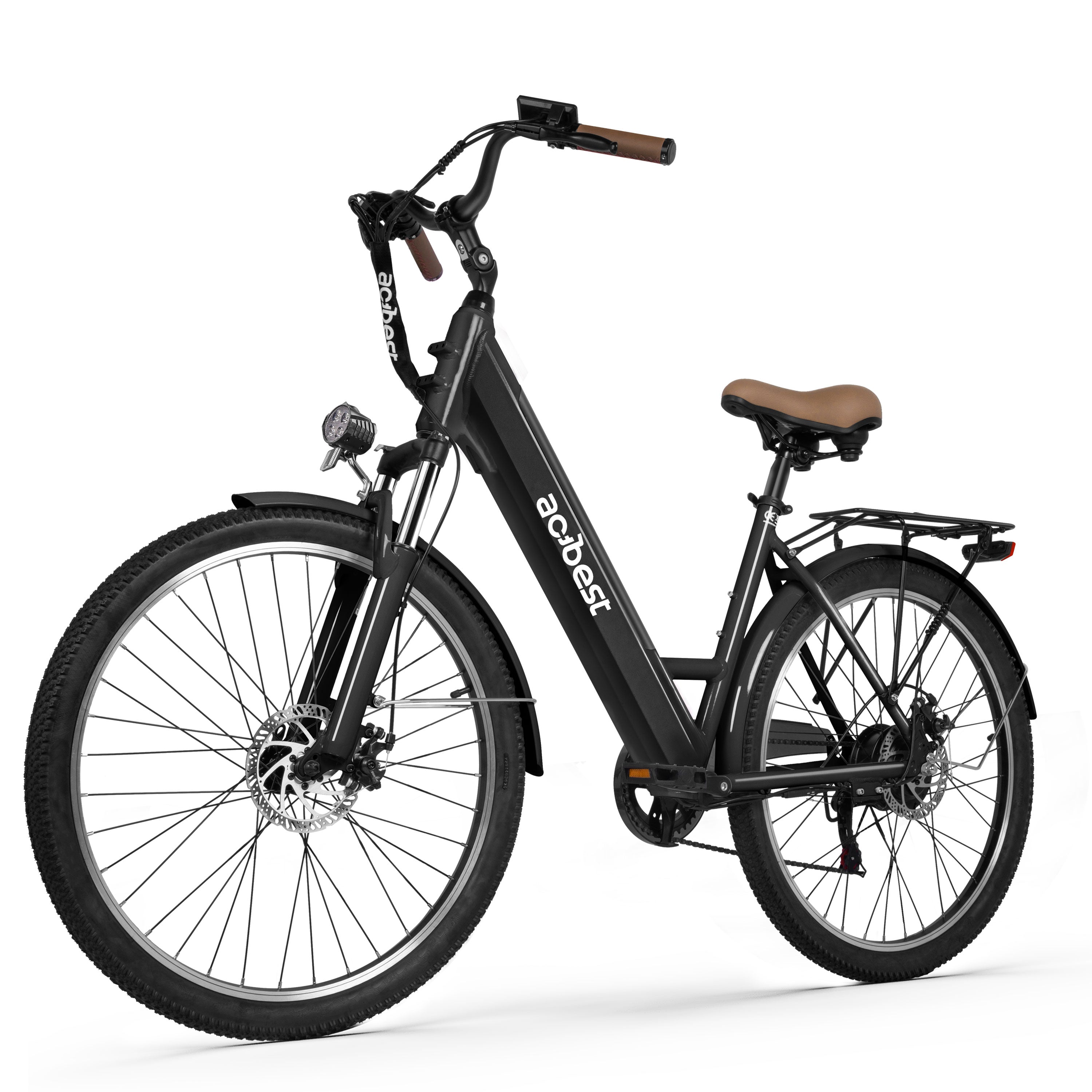Black step-thru electric bike with front suspension and rear cargo rack