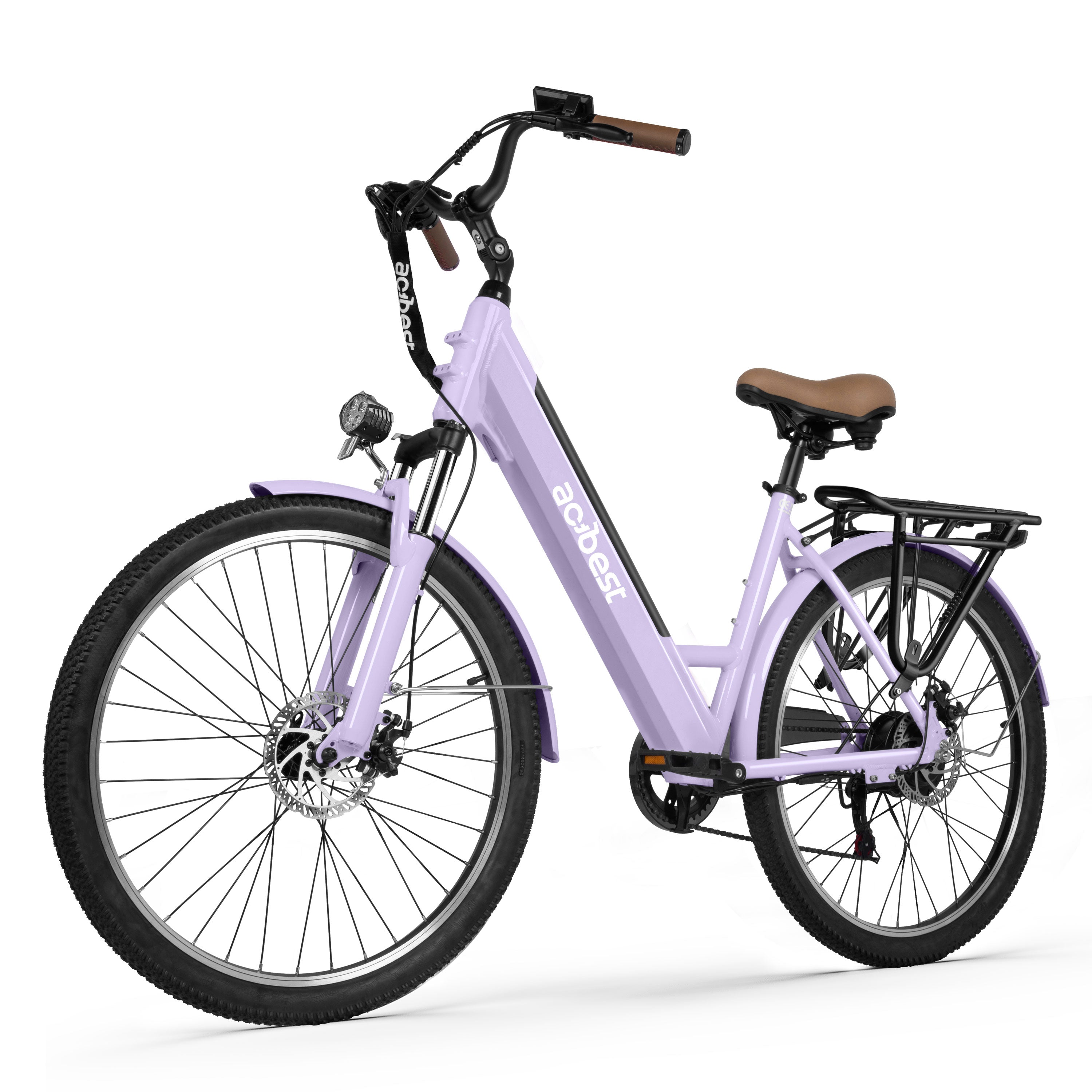 Light purple step-thru electric bike with rear cargo rack and front suspension
