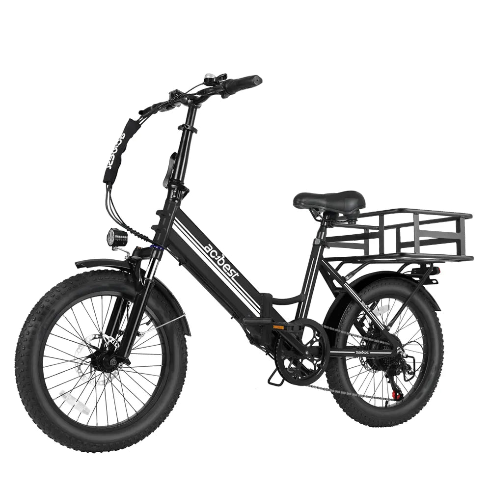 Black folding electric bike with 3-inch fat tires and rear cargo rack.