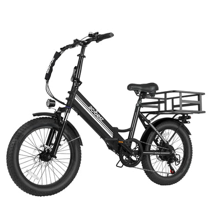 Black folding electric bike with 3-inch fat tires and rear cargo rack.