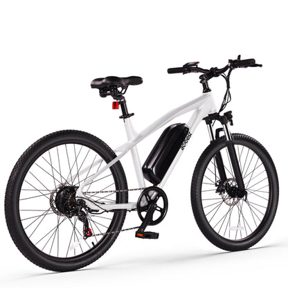 White electric mountain bike with removable battery and dual suspension features.