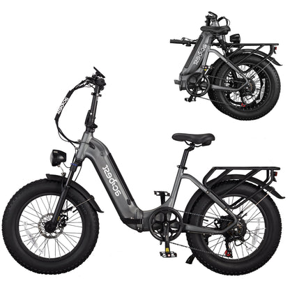 Folded gray Knight Cargo Step Through Electric Bike with fat tires and rear rack