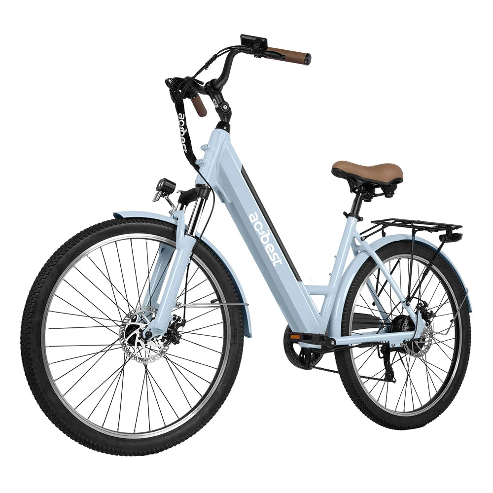 Light blue step-thru electric bike with front suspension and disc brakes
