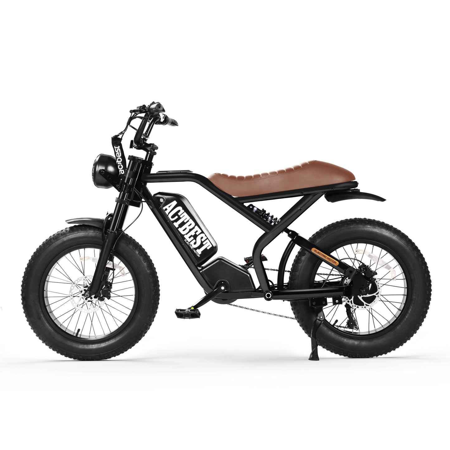 ACTBEST electric bike with fat tires and sleek brown seat for versatile riding