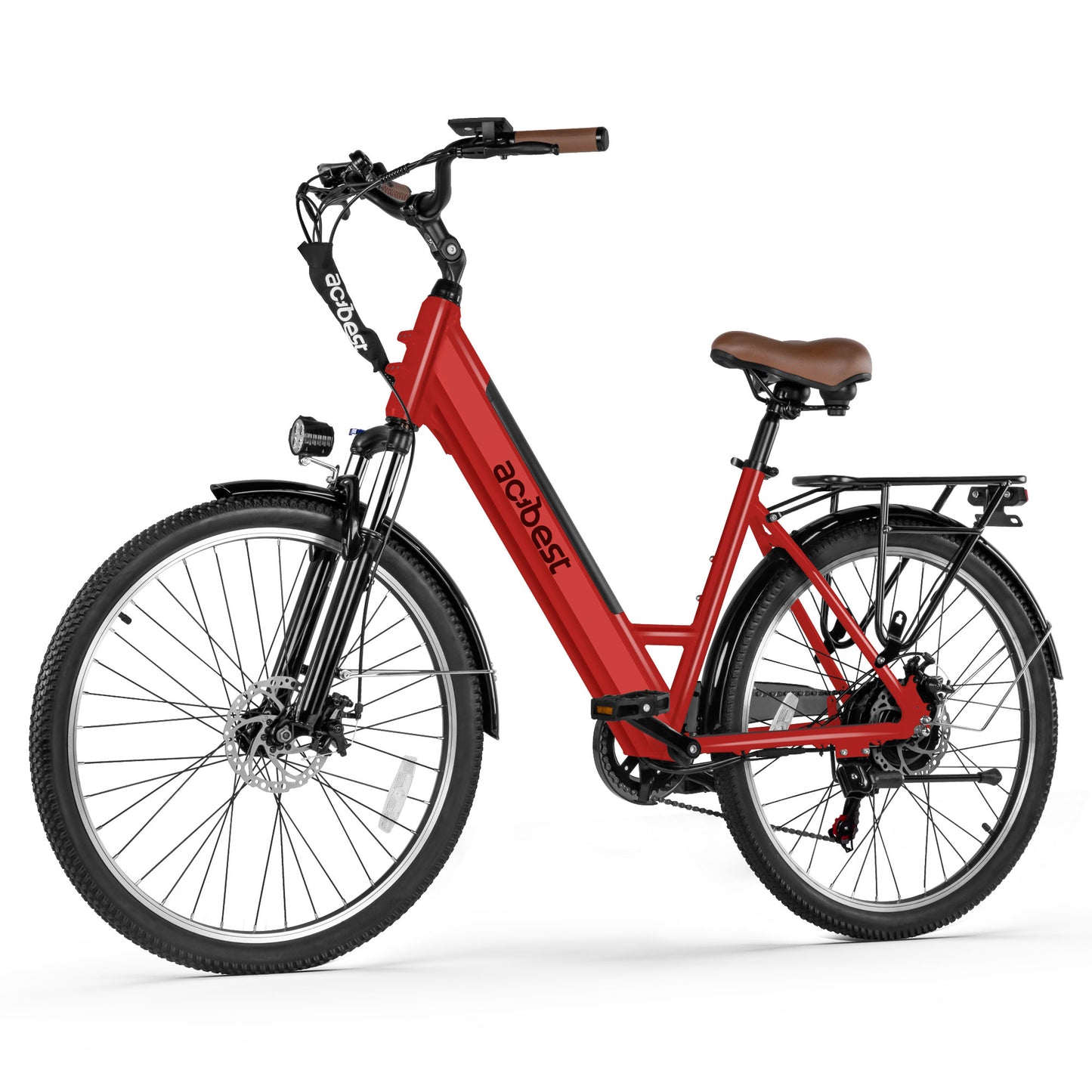 Red Actbest Core Step-Through Electric Bike with brown seat and rear rack