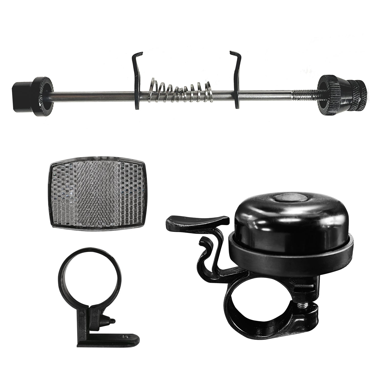 1*Front wheel quick release 1* Front Reflector 1* Bell
