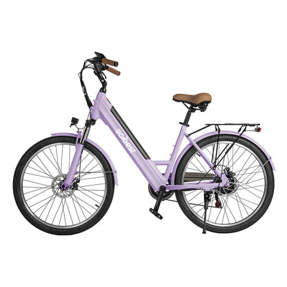 Lavender step-thru electric bike with front suspension and disc brakes