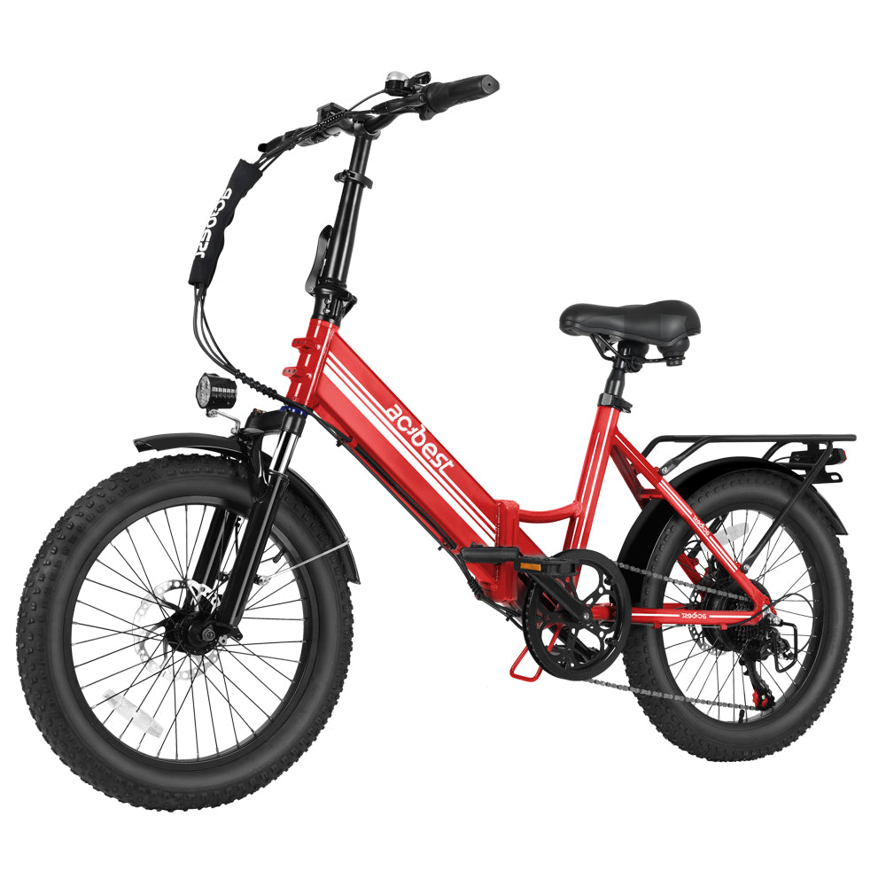 Red Speedy-ST folding electric bike with fat tires and a powerful 750W motor.