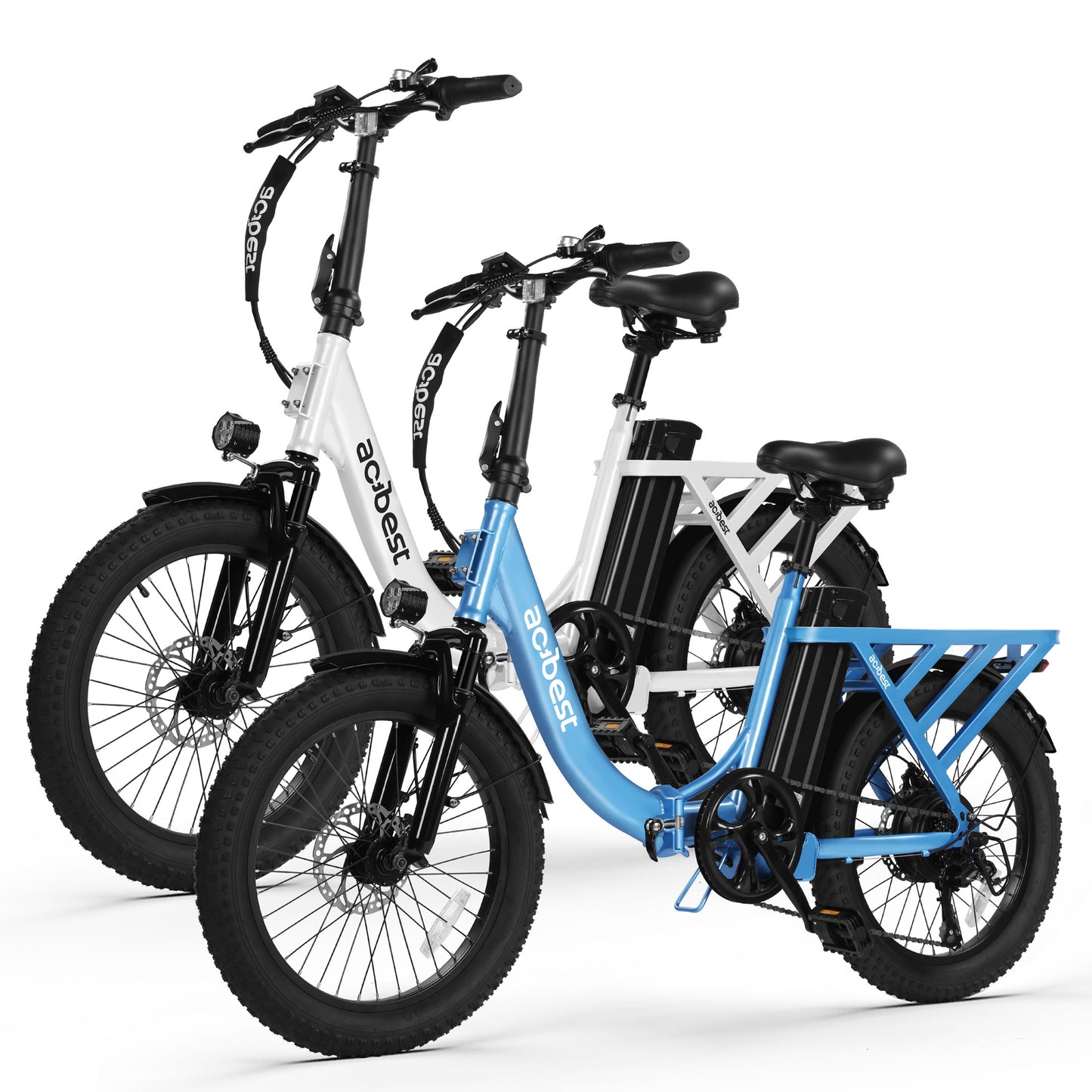 White and blue Actbest foldable electric bikes with fat tires for all-terrain use.