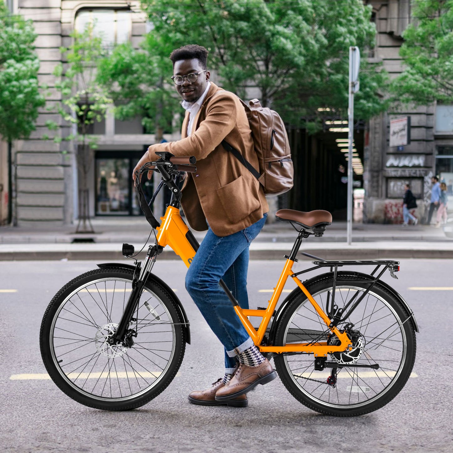 Man in a brown jacket standing with yellow Actbest Step-Through Electric Bike.