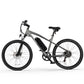 Gray electric mountain bike with removable battery and dual brake system.