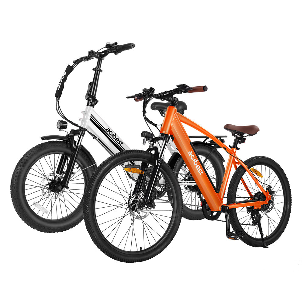 Actbest e-bikes in orange and white with rugged tires and stylish frames.