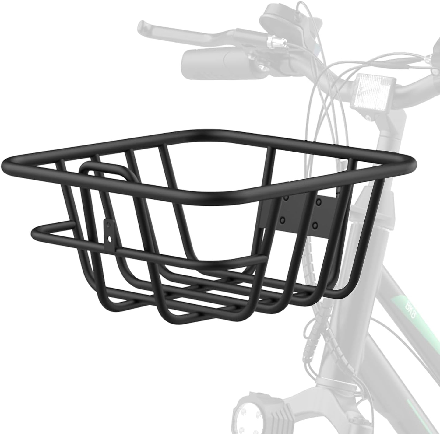 Durable black bike front basket for secure item transport on various terrains.