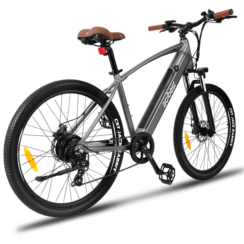 Gray Core Mountain Electric Bike with brown seat, designed for all-terrain rides.