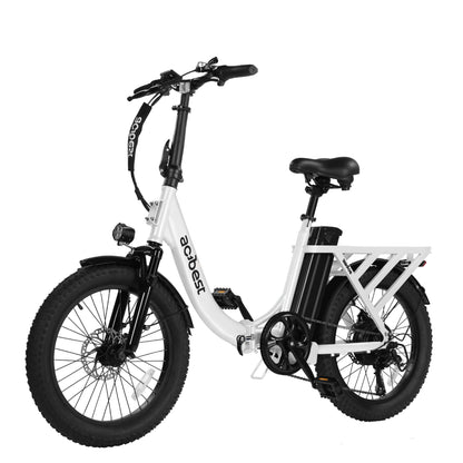 White Mars Folding Electric Bike with fat tires and rear storage rack for versatile riding.