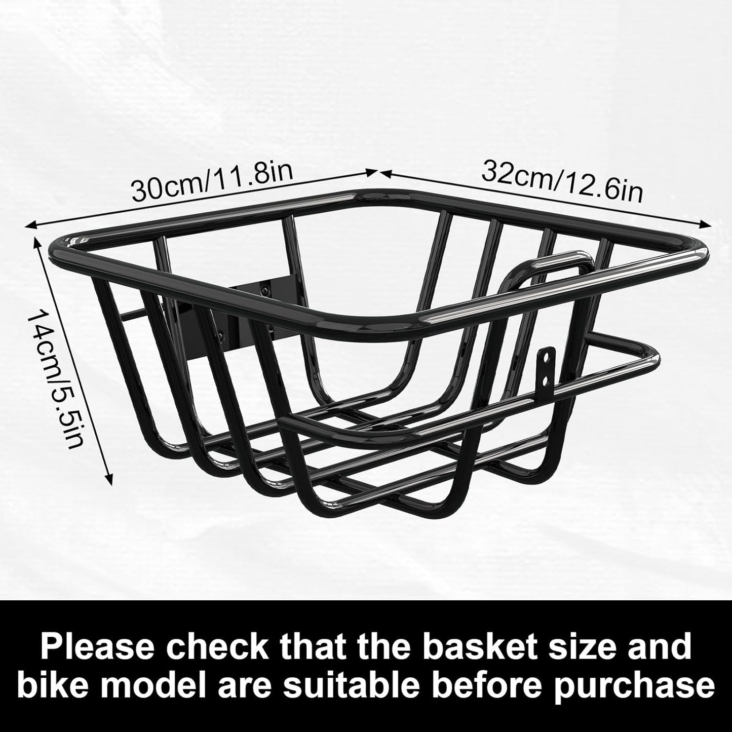 Durable black bike front basket dimensions, check size compatibility before purchase.