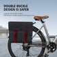 Black bike rack pannier bag with secure double buckle design, ideal for commuting.