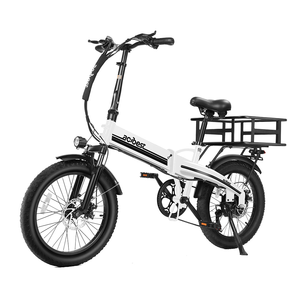 White foldable electric bike with fat tires, cargo rack for outdoor adventures.