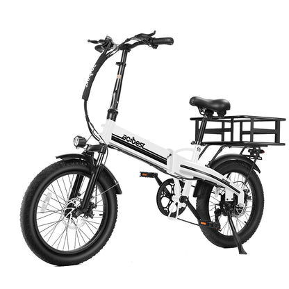 White foldable electric bike with fat tires, cargo rack for outdoor adventures.