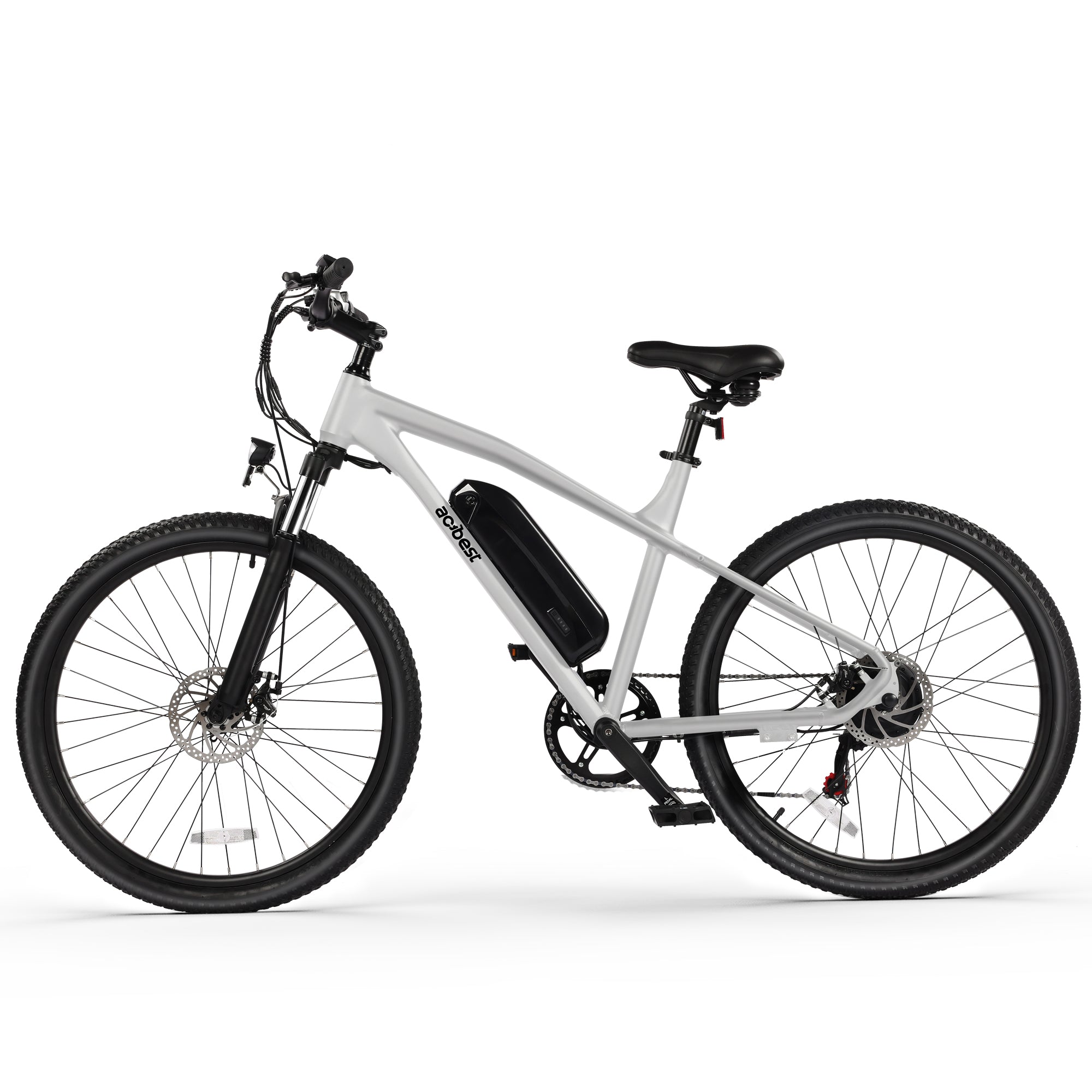White Race Electric Mountain Bike with removable battery and dual suspension features.