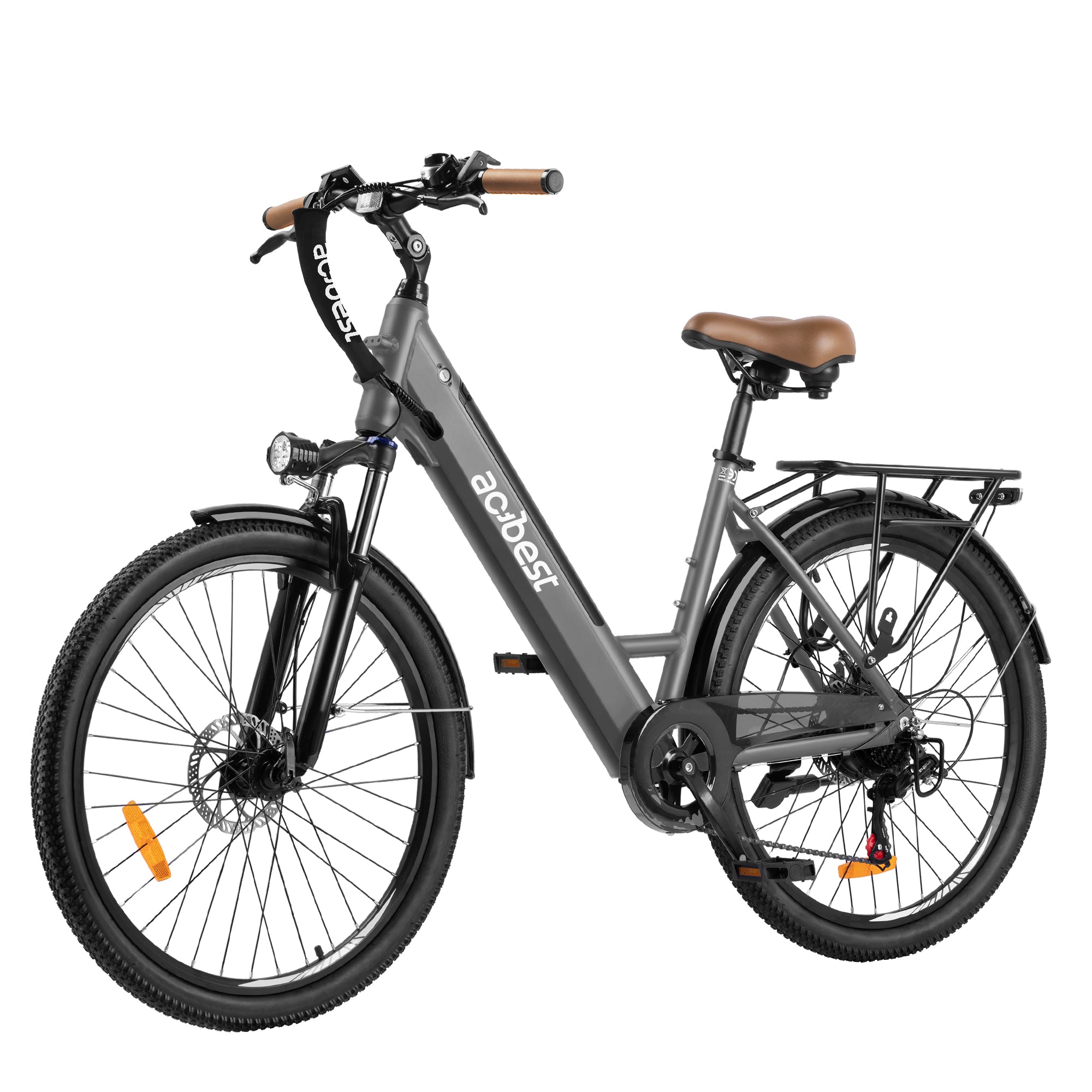 Core City Commuter Electric Bike in sleek gray with brown seat and urban styling.