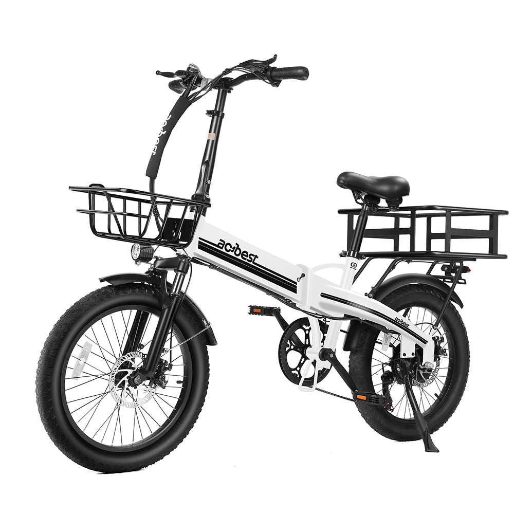 White foldable electric bike with fat tires and front basket for outdoor adventures.