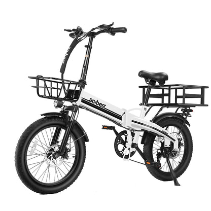 White foldable electric bike with fat tires and front basket for outdoor adventures.