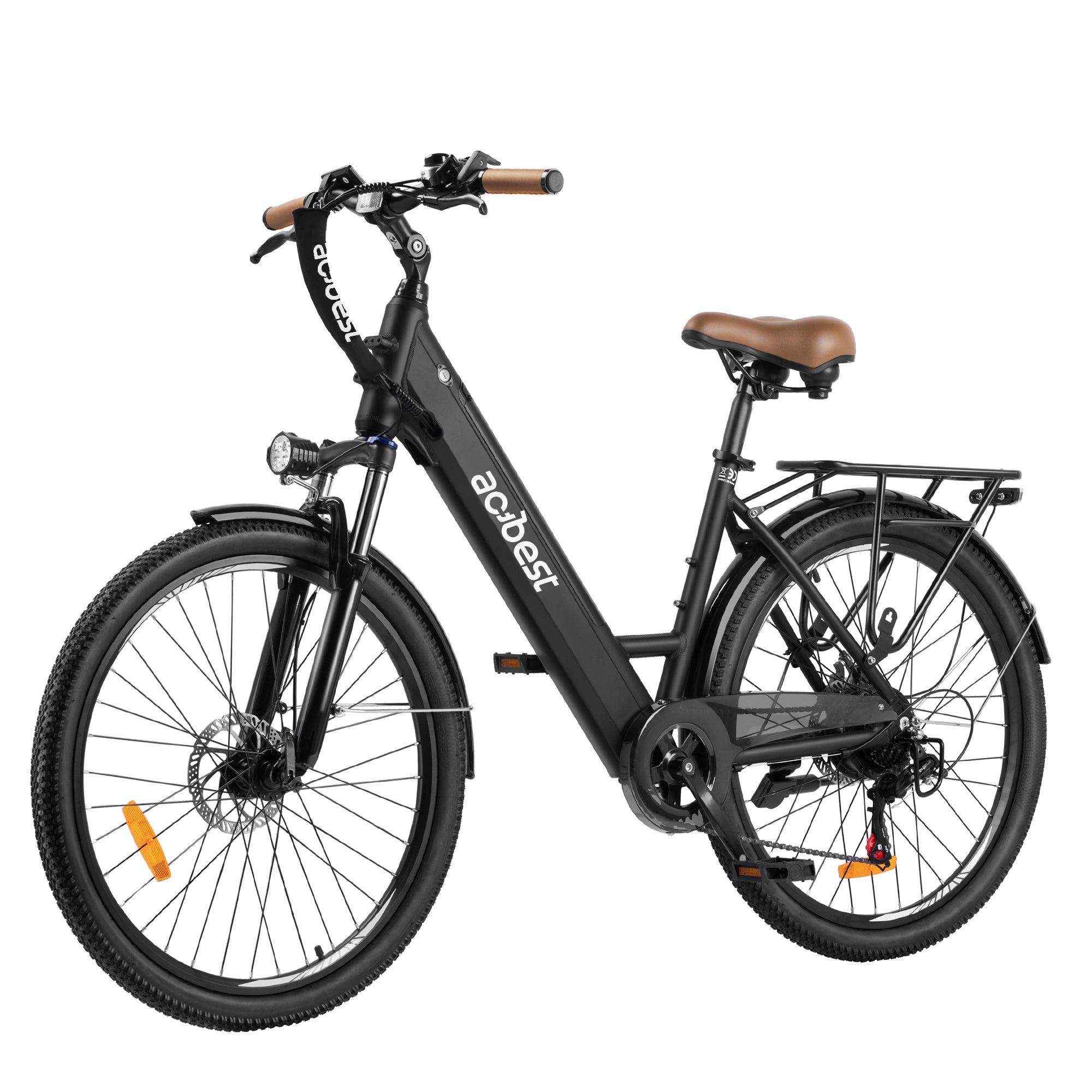 Core City Commuter Electric Bike in matte black with brown seat and front light.