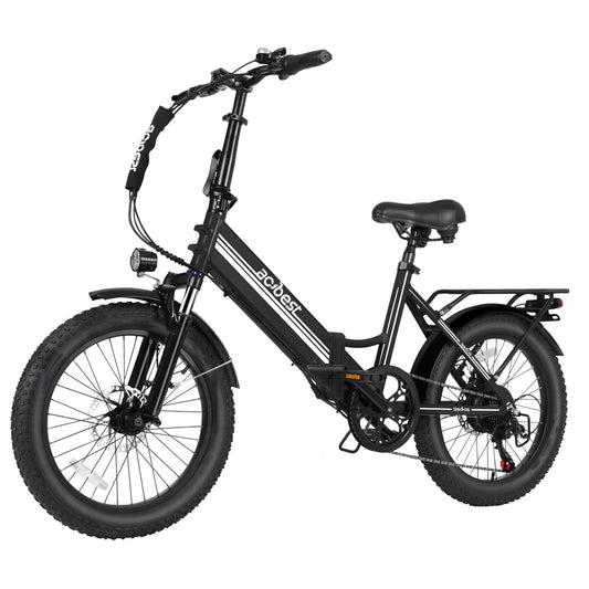 Compact Speedy-ST electric bike with fat tires and a foldable design for versatile riding.