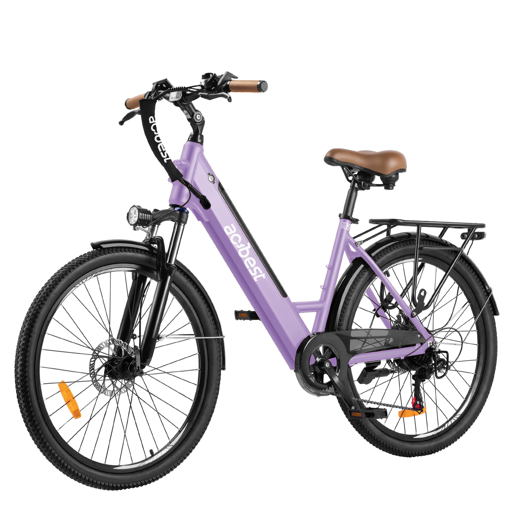 Light purple electric bike with brown saddle and rear rack for urban commuting.