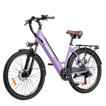 Light purple electric bike with brown saddle and rear rack for urban commuting.